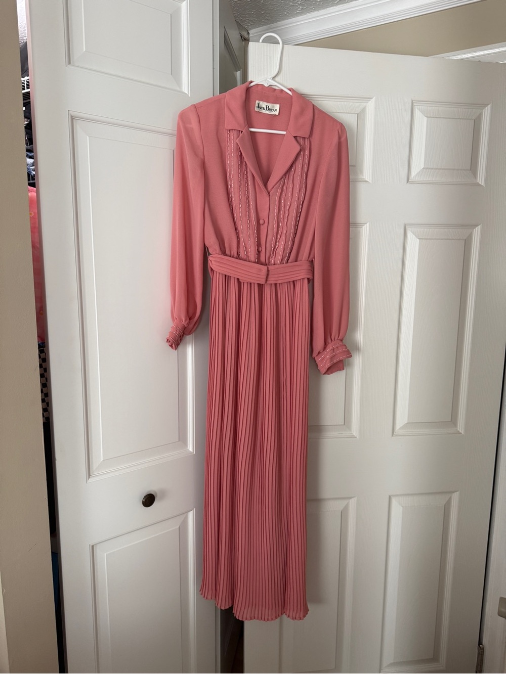 Blush Pink Pleated Long-Sleeve Shirtwaist Dress